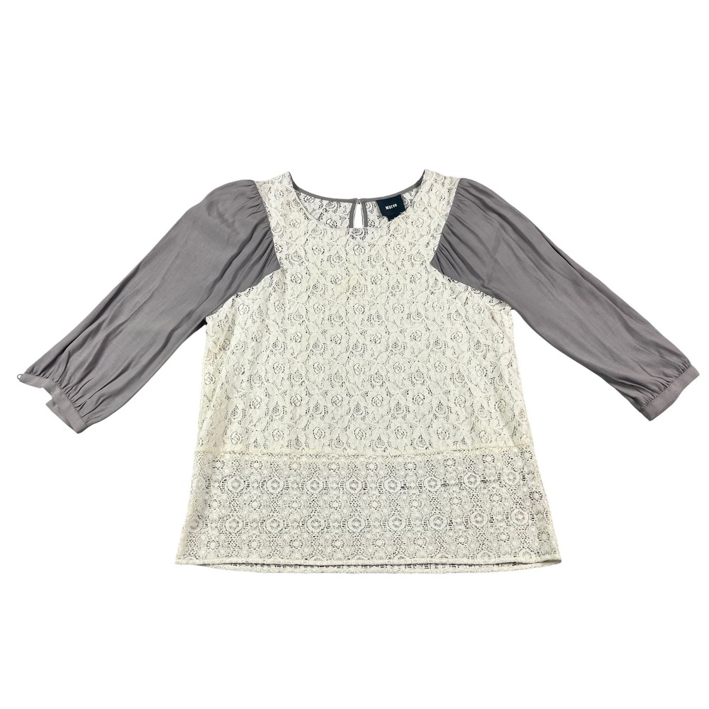 Maeve Anthropologie Mixed Media Lace Blouse Grey Cream 3/4 Sleeve Size 8 Cottage